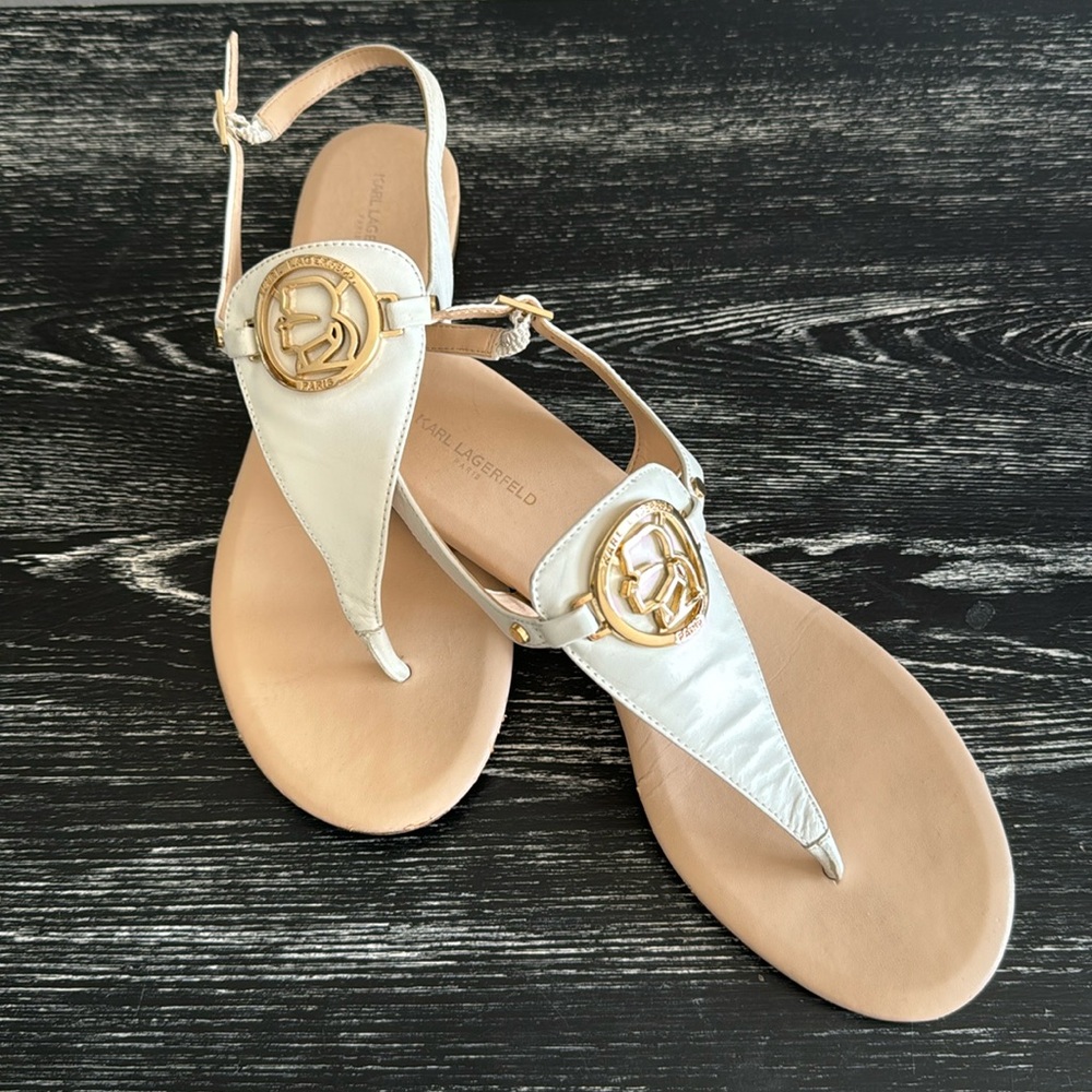 Karl Lagerfeld Brezin white sandals with Gold Lagerfeld Paris logo.